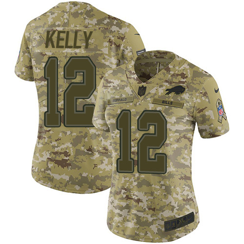 Bills #12 Jim Kelly Camo Women's Stitched Limited 2018 Salute To Service Jersey