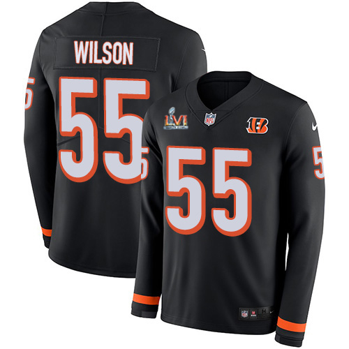 Cincinnati Bengals #55 Logan Wilson Black Team Color Super Bowl LVI Patch Men's Stitched Limited Therma Long Sleeve Jersey Men's