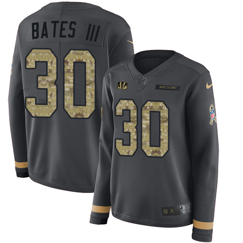Bengals #30 Jessie Bates Anthracite Salute To Service Women's Stitched Limited Therma Long Sleeve Jersey
