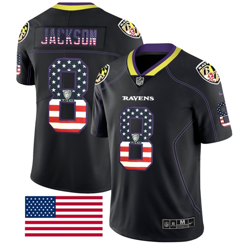 Ravens #8 Lamar Jackson Black Men's Stitched Limited Rush USA Flag Jersey