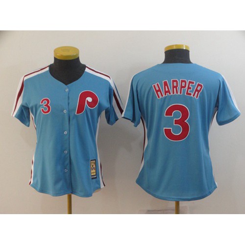 Philadelphia Phillies #3 Bryce Harper Light Blue Alternate Cooperstown Women's Stitched Jersey Womens
