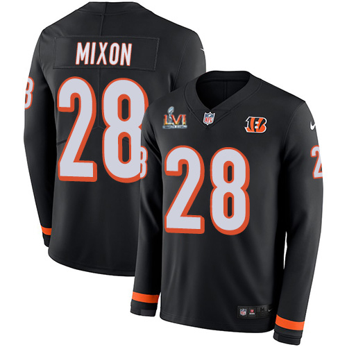 Bengals #28 Joe Mixon Black Team Color Super Bowl LVI Patch Men's Stitched Limited Therma Long Sleeve Jersey