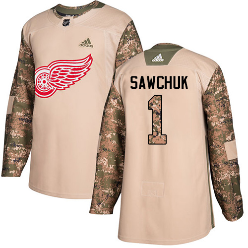 Adidas Detroit Red Wings #1 Terry Sawchuk Camo Authentic 2017 Veterans Day Stitched Jersey Men's