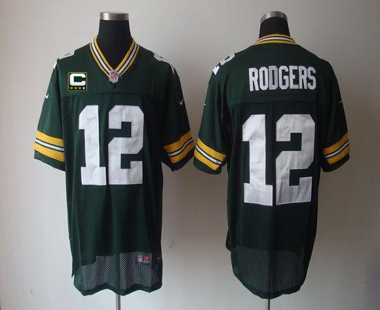 Packers #12 Aaron Rodgers Green Team Color With C Patch Men's Stitched Elite Jersey