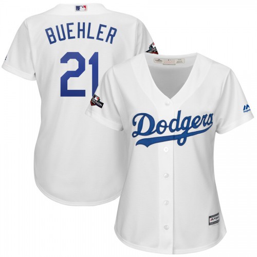 Los Angeles Los Angeles Dodgers #21 Walker Buehler Majestic Women's 2019 Postseason Home Official Cool Base Player Jersey White Womens
