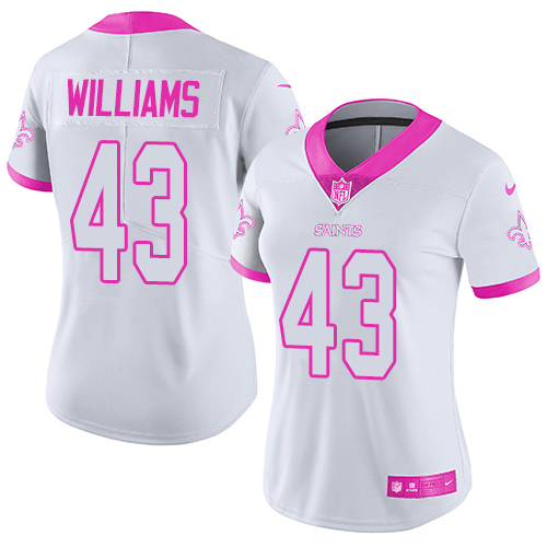 New Orleans Saints #43 Marcus Williams White/Pink Women's Stitched Limited Rush Fashion Jersey Womens