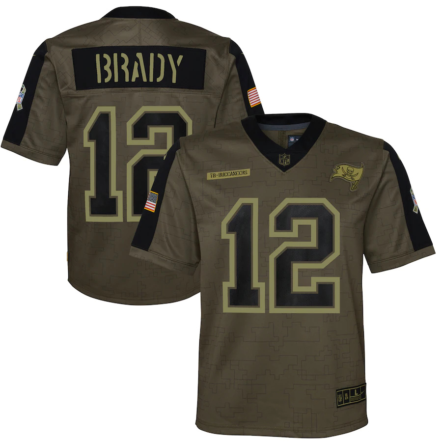 Tampa Bay Buccaneers #12 Tom Brady Olive Youth 2021 Salute To Service Game Jersey