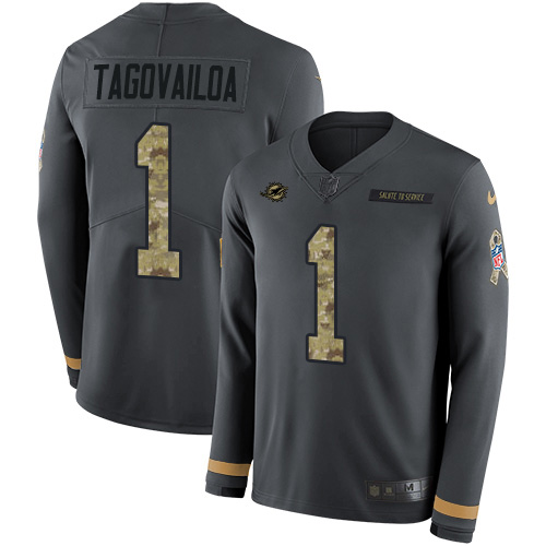 Dolphins #1 Tua Tagovailoa Anthracite Salute To Service Men's Stitched Limited Therma Long Sleeve Jersey