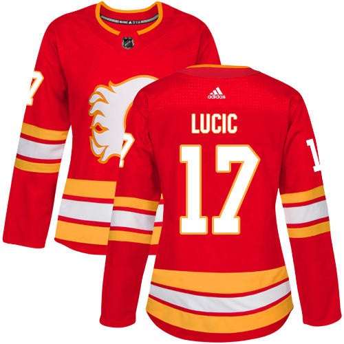 Adidas Calgary Flames #17 Milan Lucic Red Alternate Authentic Women's Stitched Jersey Womens