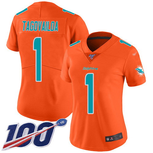 Dolphins #1 Tua Tagovailoa Orange Women's Stitched Limited Inverted Legend 100th Season Jersey