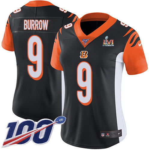 Bengals #9 Joe Burrow Black Team Color Super Bowl LVI Patch Women's Stitched 100th Season Vapor Untouchable Limited Jersey