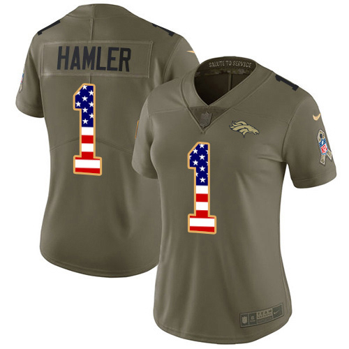 Broncos #1 KJ Hamler Olive/USA Flag Women's Stitched Limited 2017 Salute To Service Jersey