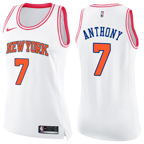 New York Knicks #7 Carmelo Anthony White/Pink Womens Swingman Fashion Jersey Womens