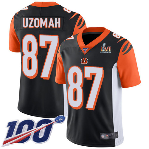 Cincinnati Bengals #87 C.J. Uzomah Black Team Color Super Bowl LVI Patch Youth Stitched 100th Season Vapor Limited Jersey Youth