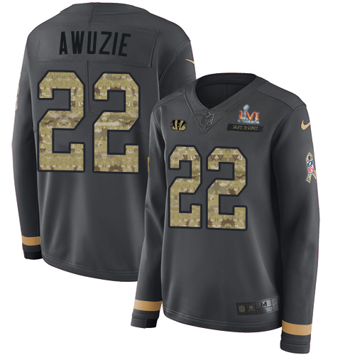 Cincinnati Bengals #22 Chidobe Awuzie Anthracite Super Bowl LVI Patch Salute to Service Women's Stitched Limited Therma Long Sleeve Jersey Womens