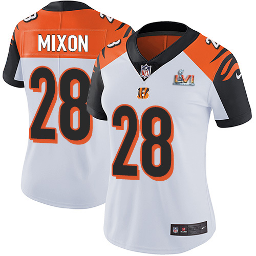 Bengals #28 Joe Mixon White Super Bowl LVI Patch Women's Stitched Vapor Untouchable Limited Jersey