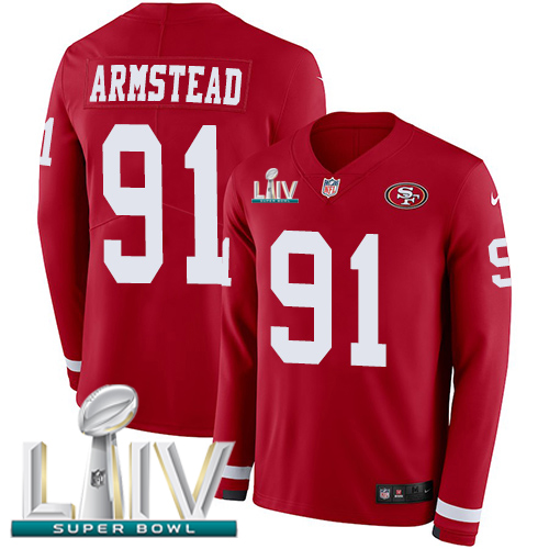 San Francisco 49ers #91 Arik Armstead Red Super Bowl LIV 2020 Team Color Youth Stitched Limited Therma Long Sleeve Jersey Youth
