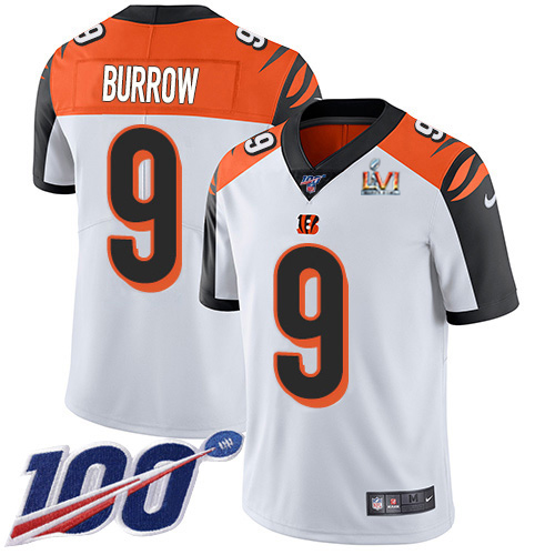 Bengals #9 Joe Burrow White Super Bowl LVI Patch Men's Stitched 100th Season Vapor Limited Jersey
