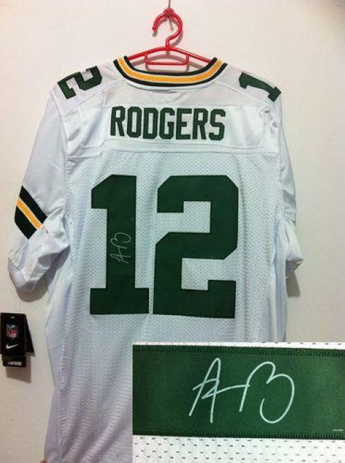 Packers #12 Aaron Rodgers White Men's Stitched Elite Autographed Jersey