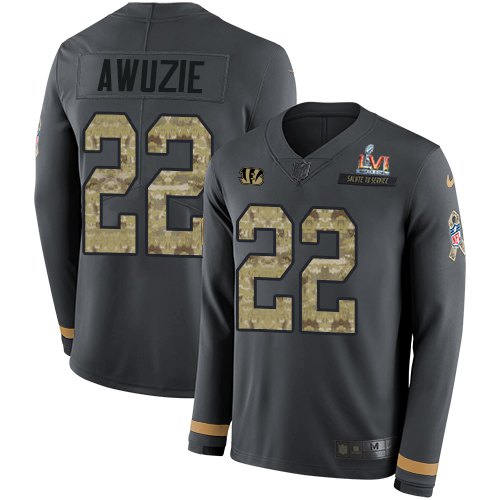 Cincinnati Bengals #22 Chidobe Awuzie Anthracite Super Bowl LVI Patch Salute to Service Men's Stitched Limited Therma Long Sleeve Jersey Men's