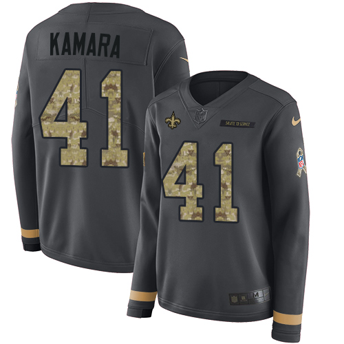 Saints #41 Alvin Kamara Anthracite Salute To Service Women's Stitched Limited Therma Long Sleeve Jersey