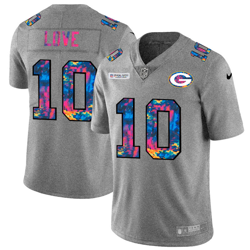 Green Bay Packers #10 Jordan Love Men's Multi-Color 2020 Crucial Catch Jersey Greyheather