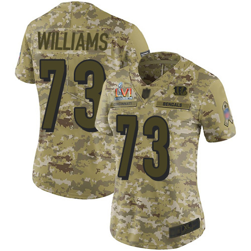 Cincinnati Bengals #73 Jonah Williams Camo Super Bowl LVI Patch Women's Stitched Limited 2018 Salute To Service Jersey Womens
