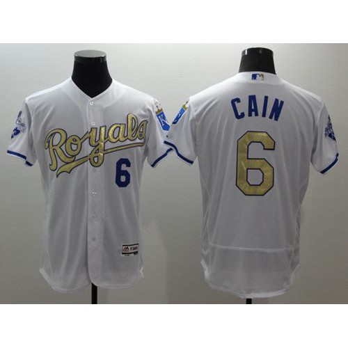 Kansas City Royals #6 Lorenzo Cain White 2015 World Series Champions Gold Program FlexBase Authentic Stitched Jersey Men's