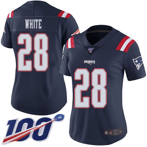 New England Patriots #28 James White Navy Blue Women's Stitched Limited Rush 100th Season Jersey Womens