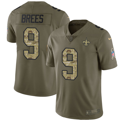 Saints #9 Drew Brees Olive/Camo Men's Stitched Limited 2017 Salute To Service Jersey