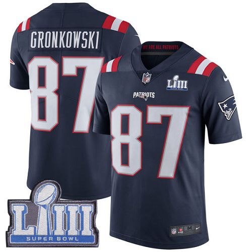 New England Patriots #87 Rob Gronkowski Navy Blue Super Bowl LIII Bound Men's Stitched Limited Rush Jersey Men's