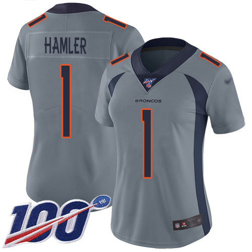 Broncos #1 KJ Hamler Gray Women's Stitched Limited Inverted Legend 100th Season Jersey