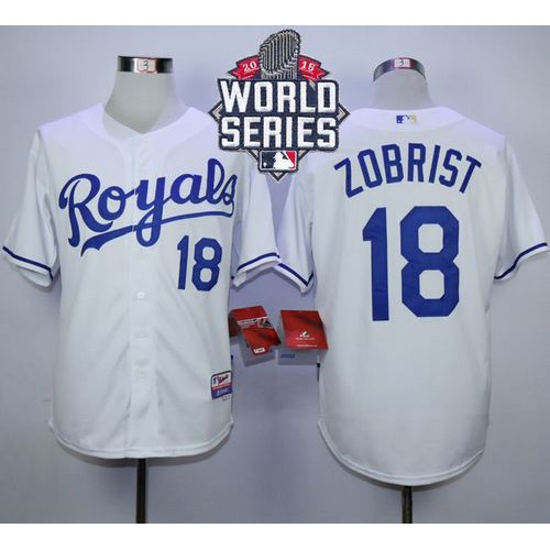Kansas City Royals #18 Ben Zobrist White Cool Base W/2015 World Series Patch Stitched Jersey Men's