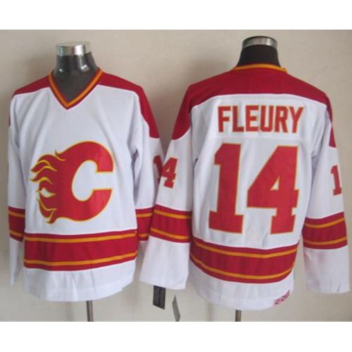 Calgary Flames #14 Theoren Fleury White CCM Throwback Stitched Jersey Men's