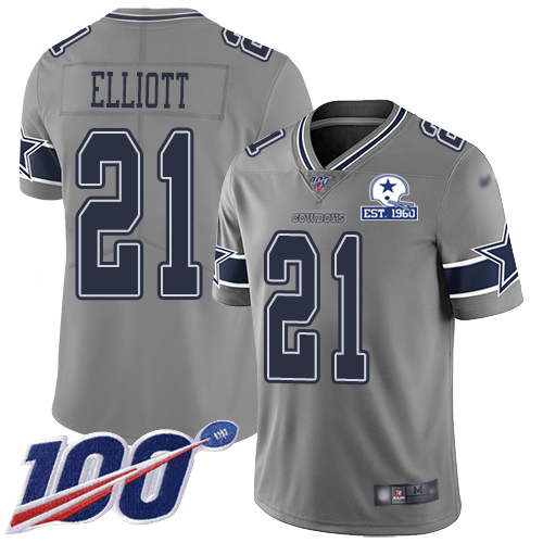 Cowboys #21 Ezekiel Elliott Gray Men's Stitched With Established In 1960 Patch Limited Inverted Legend 100th Season Jersey