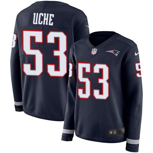 New England Patriots #53 Josh Uche Navy Blue Team Color Women's Stitched Limited Therma Long Sleeve Jersey Womens