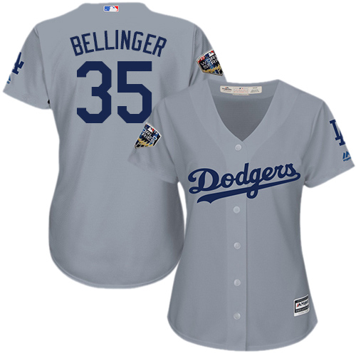 Los Angeles Dodgers #35 Cody Bellinger Grey Alternate Road 2018 World Series Women's Stitched Jersey Womens