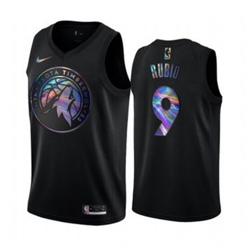 Minnesota Timberwolves #9 Ricky Rubio Mens Iridescent Holographic Collection Jersey - Black Mens