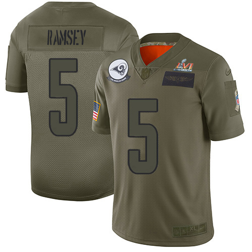 Rams #5 Jalen Ramsey Camo Super Bowl LVI Patch Youth Stitched Limited 2019 Salute To Service Jersey