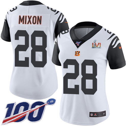 Bengals #28 Joe Mixon White Super Bowl LVI Patch Women's Stitched Limited Rush 100th Season Jersey