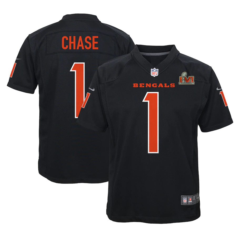 Cincinnati Bengals #1 Ja'Marr Chase Black Youth Super Bowl LVI Bound Game Fashion Jersey