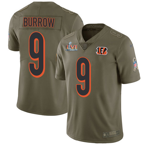 Bengals #9 Joe Burrow Olive Super Bowl LVI Patch Youth Stitched Limited 2017 Salute To Service Jersey