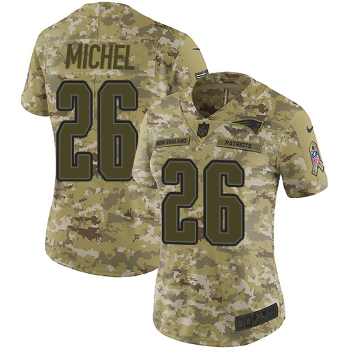 New England Patriots #26 Sony Michel Camo Women's Stitched Limited 2018 Salute to Service Jersey Womens