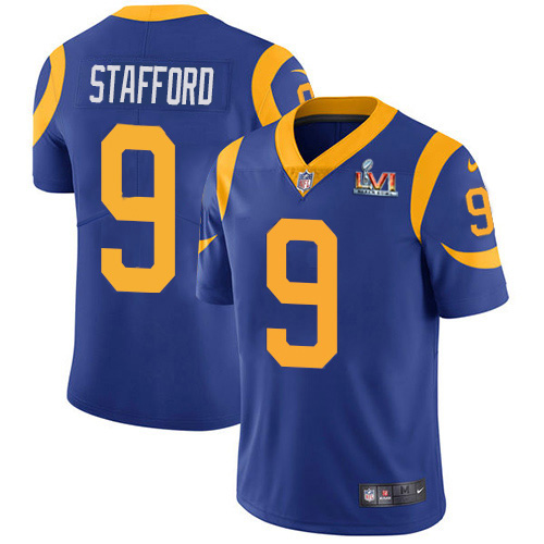 Rams #9 Matthew Stafford Royal Blue Alternate Super Bowl LVI Patch Youth Stitched Vapor Untouchable Limited Jersey