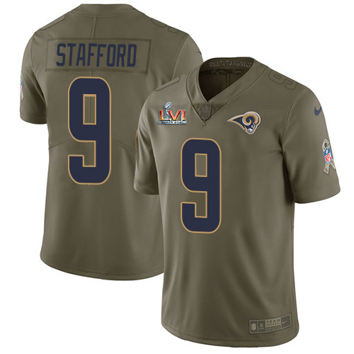 Rams #9 Matthew Stafford Olive Super Bowl LVI Patch Men's Stitched Limited 2017 Salute To Service Jersey