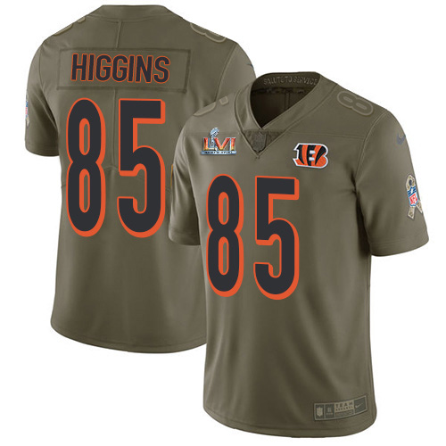 Bengals #85 Tee Higgins Olive Super Bowl LVI Patch Youth Stitched Limited 2017 Salute To Service Jersey