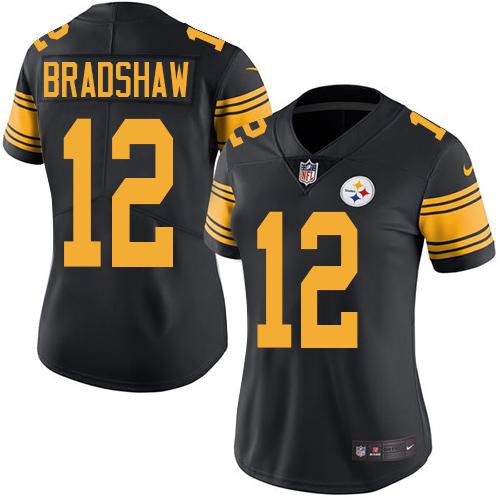 Steelers #12 Terry Bradshaw Black Women's Stitched Limited Rush Jersey