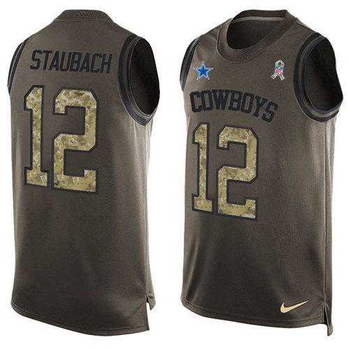 Cowboys #12 Roger Staubach Green Men's Stitched Limited Salute To Service Tank Top Jersey