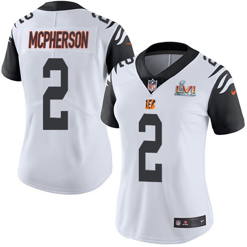 Bengals #2 Evan McPherson White Super Bowl LVI Patch Women's Stitched Limited Rush Jersey