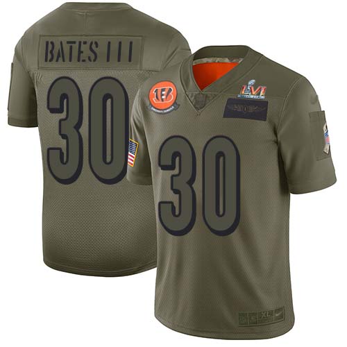 Bengals #30 Jessie Bates Camo Super Bowl LVI Patch Men's Stitched Limited 2019 Salute To Service Jersey